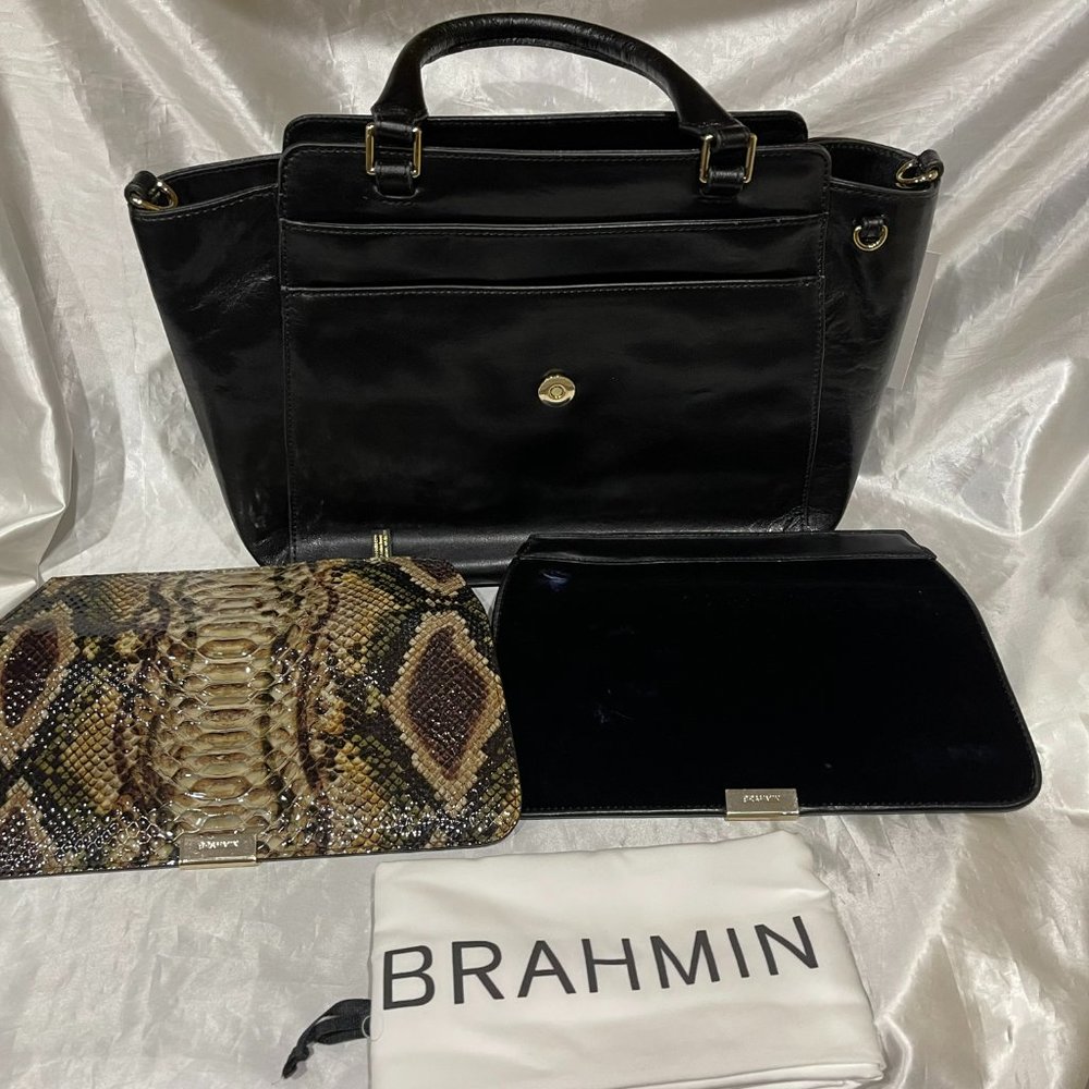 Brahmin ROBIN Leather Satchel Black Topsail Handbag Interchangeable Flaps X 2